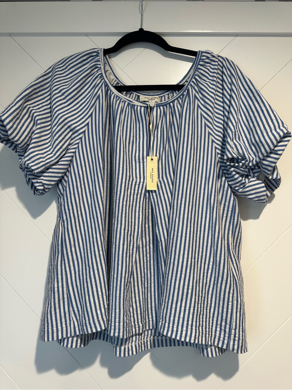 Max Studio Blue and White Striped Puff-Sleeve Blouse